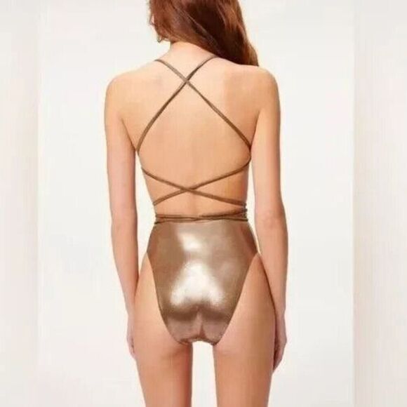 Good American GSW0271 Sz 6/3X Mocha Foil Barely There Tie Wrap 1-Pc Swimsuit - Picture 2 of 5
